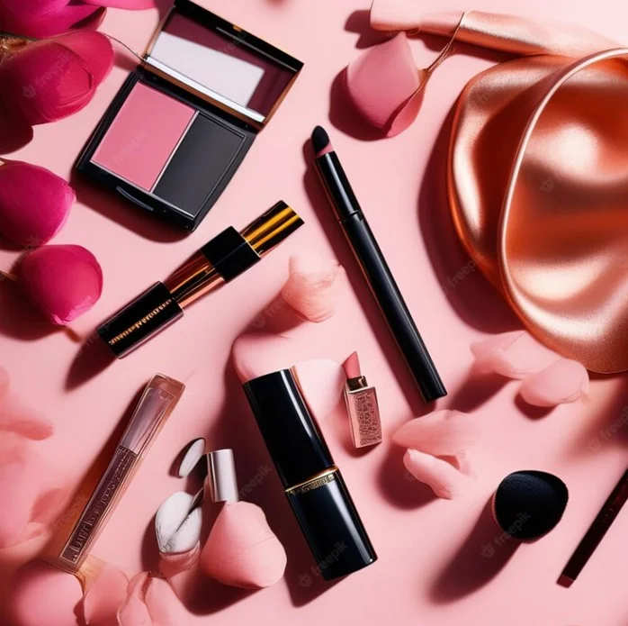 Productos de maquillaje sobre fondo rosa