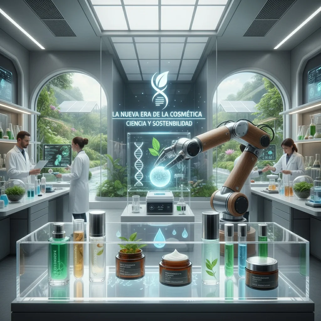 Laboratorio luminoso con instrumental y varios científicos creando cosmética sostenible. La nueva era de la cosmética: ciencia, sostenibilidad y activos que sí funcionan.