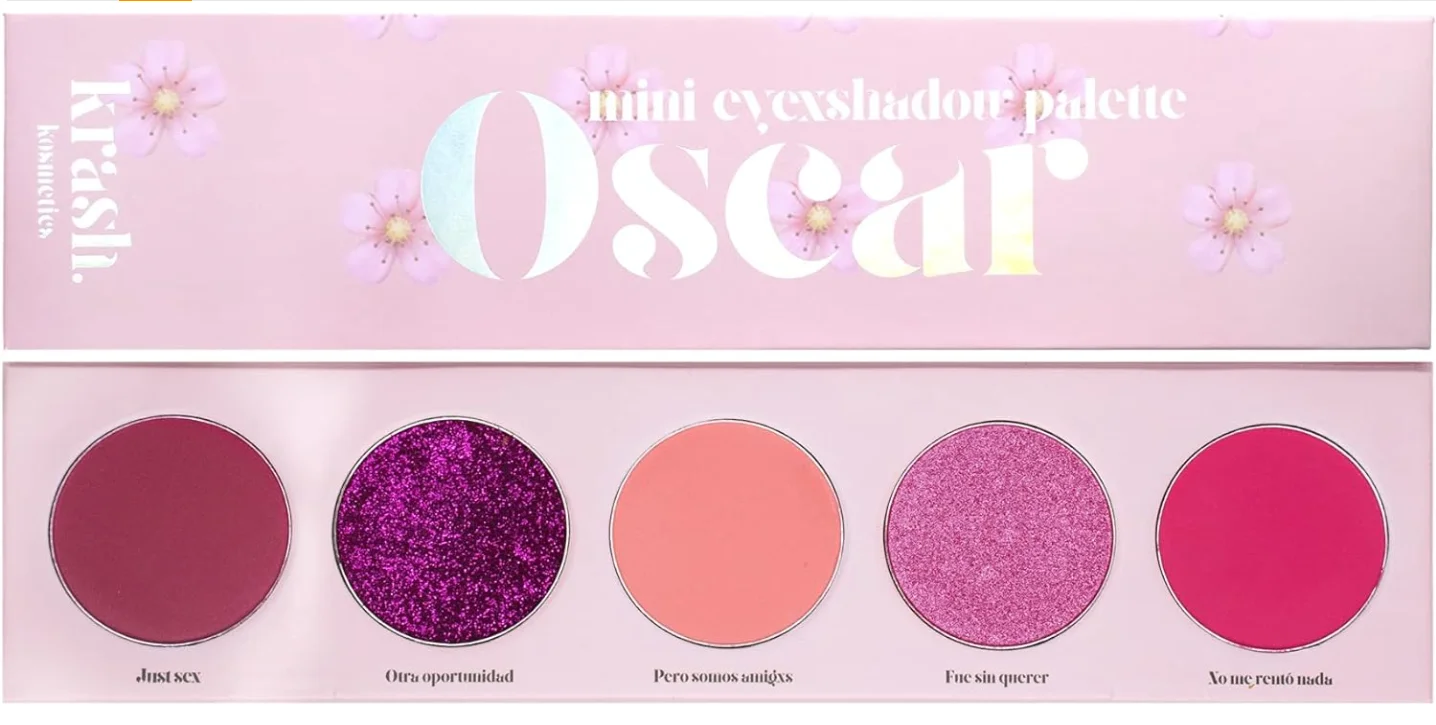 KRASH KOSMETICS Mini eyEXshadow Oscar 5 Tonos Super Pigmentados Larga Duración Mate Shimmer Glitter - Color Rosa Fucsia Granate con Espejo